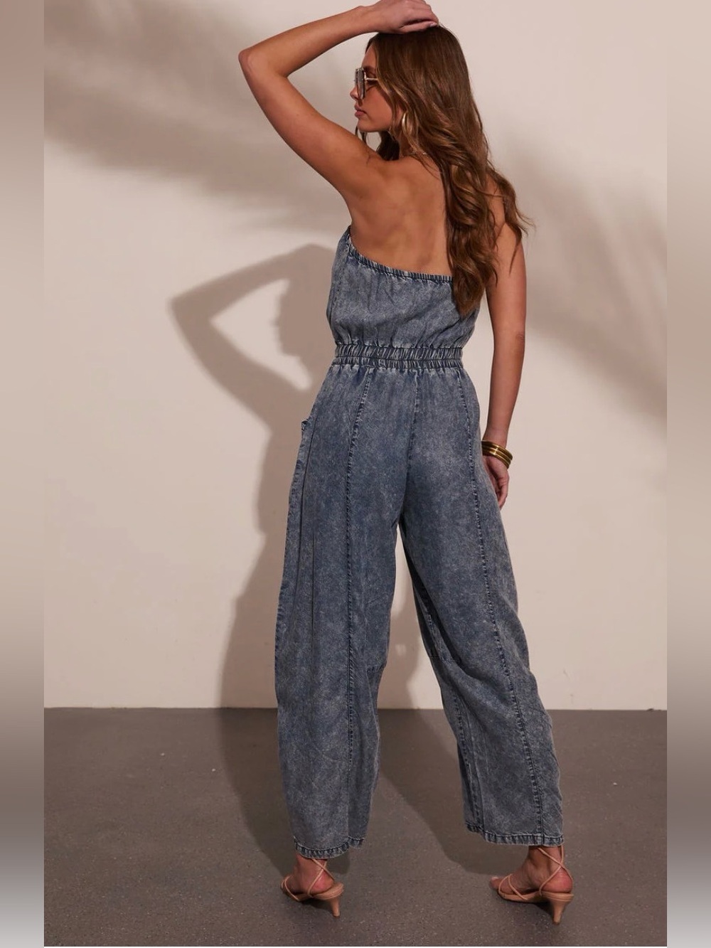Vici Vintage Outlaw Strapless Chambray Jumpsuit Size Medium - Picture 2 of 7
